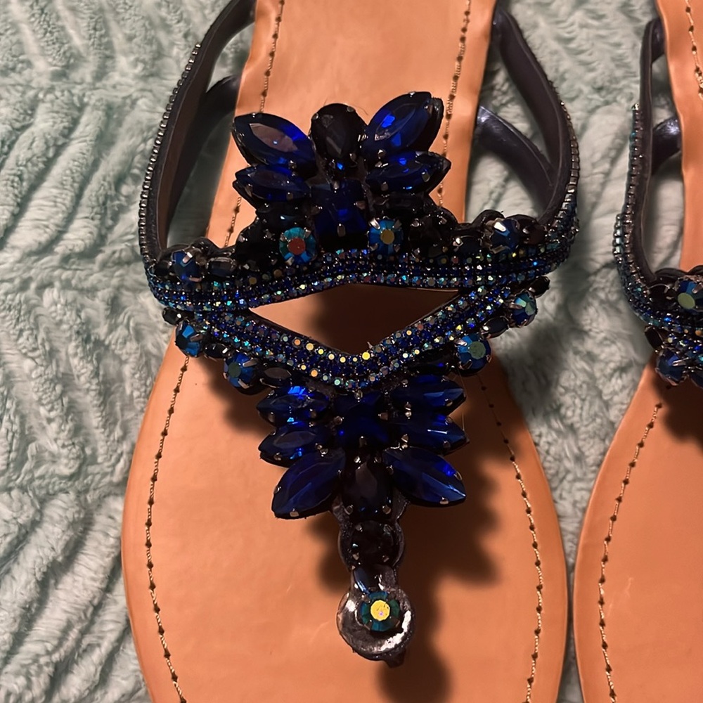 Yellow Box Blue Crystal Embellished Flip Flops - 10 - Picture 2 of 6